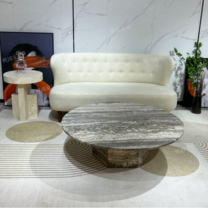 北欧侘寂风灰洞石圆形茶几设计师创意客厅沙发轻奢天然大理石边几
