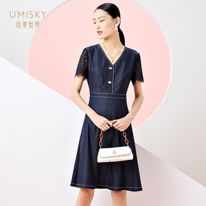 umisky优美世界女装正品夏季新款V领蕾丝拼接牛仔连衣裙XC2D1228