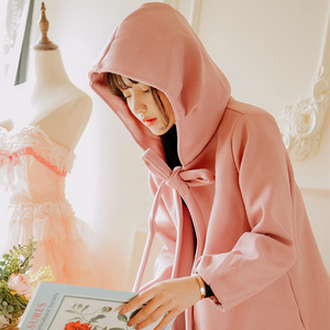 日系粉色毛呢大衣女披风秋冬百搭小个子斗篷式呢子披肩外套中长款