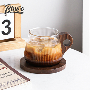 Bincoo竖纹木柄咖啡杯复古日式玻璃杯子意式挂耳拿铁杯高颜值水杯