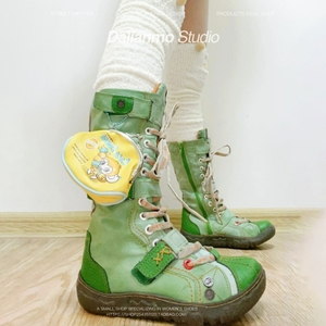 绿色多重拼接长靴女Y2K小众高筒皮靴复古靴子平底缝线辣妹靴TMA酷