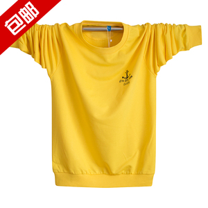 纯棉长袖t恤男士薄款秋衣潮牌黄色T青少年运动上衣大码男装打底衫