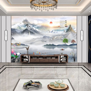 中式电视背景墙壁纸8d招财山水画现代简约客厅墙纸3d影视墙布壁画