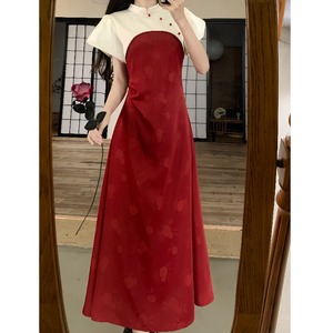 新中式改良旗袍红色连衣裙夏大码胖mm日常可穿订婚裙国风气质长裙