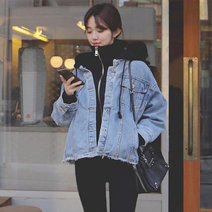牛仔外套里面搭配的卫衣女哈款秋冬韩版宽松拼接卫衣连帽假两件套
