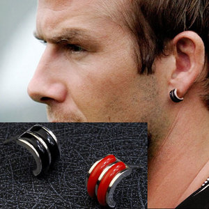 贝克汉姆同款 时尚韩版纯银男士耳钉 潮男款耳丁 单只 黑色 红色