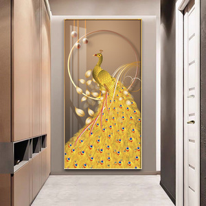 晶瓷画金孔雀新中式玄关装饰画客厅走廊过道轻奢挂画背景新款壁画