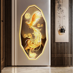 新中式凤凰飞舞玄关装饰画入户走廊过道uv木板发光带灯竖版挂画