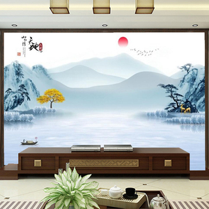 客厅电视背景墙壁纸壁画影视墙布装饰新中式水墨山水画8d立体无缝