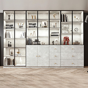 轻奢玻璃门书柜客厅到顶储物展示柜整面墙定制实木带门落地大书橱