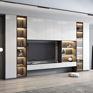 轻奢悬空电视柜背景墙一体组合柜白色高款落地边柜壁挂式立柜定制