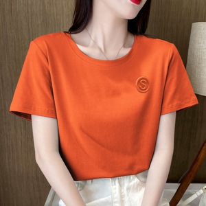 显瘦橙色上衣短袖t恤女夏微胖圆领内搭宽松百搭半袖白色打底衫潮