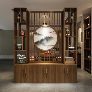 新中式屏风隔断柜客厅背景墙间隔茶室别墅实木置物柜子定制大座屏