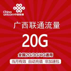 广西联通流量充值 20G 全国通用 手机流量包 当月有效 不可跨月