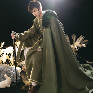 戌时#漱玉词 原创竖领斗篷男军绿大衣加绒加厚军阀 汉服配饰斗篷