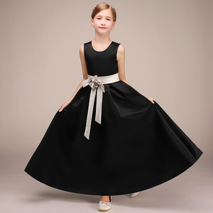 儿童礼服公主裙高贵女童钢琴走秀服优雅黑缎面长款主持人晚礼服