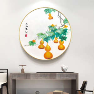 葫芦油画五福临门圆形玄关装饰画现代简约寓意好中式餐厅客厅挂画