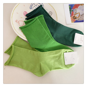 韩国进口卷边彩色中筒袜堆堆袜绿色系竖条纹棉袜墨绿色百搭袜子女