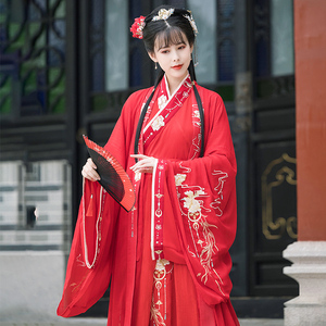 朱砂-原创汉服女交领齐腰整套大袖衫花嫁重工刺绣小个子红色广袖