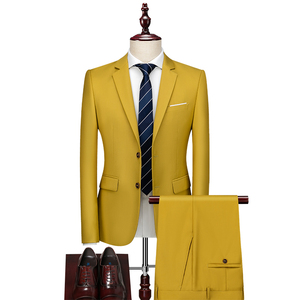 草黄色西服套装男式两件套特价修身青年学生单西商务休闲新郎西装