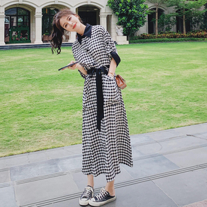 黑白格子连衣长裙