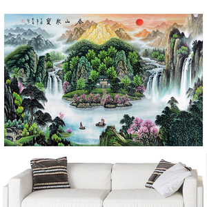 山水瀑布流水生财客厅装饰画聚宝盆迎客松办公室墙贴画招财自粘画