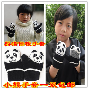 新款熊猫手套男女童秋冬季保暖卡通可爱宝宝毛线包指包仔连指手套