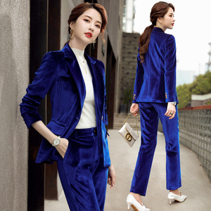蓝色金丝绒西装套装女高端女人味秋冬加厚职业装时尚洋气西服外套