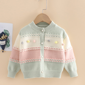 女童毛衣开衫圆领2021秋冬款宝宝手工毛毛球条纹针织外套韩版外搭