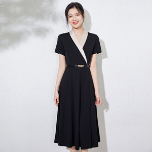 黑色西装领赫本连衣裙2024夏季新款高级感修身显瘦气质小黑裙长裙
