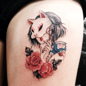 日系狐狸面具性感少女纹身贴防水持久ins风遮瑕仿真和服花臂贴纸