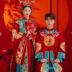 新款宋制婚服中式汉服男女情侣套装凤冠霞帔全套红色新娘喜服琴瑟