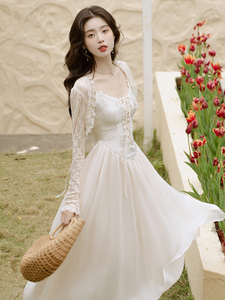 白秀珠同款洋装白月光法式吊带连衣裙女复古伴娘服晨袍宫廷风礼服