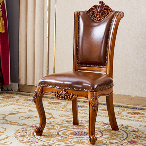 欧式餐椅 别墅奢华餐厅全实木雕花烤漆带扶手真皮坐椅家用餐桌椅