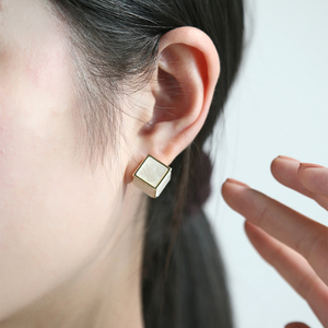 个性简约日韩几何立体正方形耳钉女s925银针包耳垂耳饰耳环精致潮
