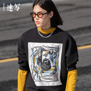 速写男装春季折扣新款圆领卫衣印花情侣套头长袖时尚宽松休闲简约