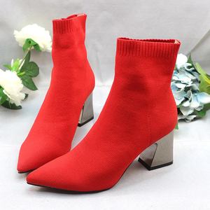 品牌显瘦袜子靴红色喜庆尖头高跟粗跟飞织布春秋短靴女特惠处理芭