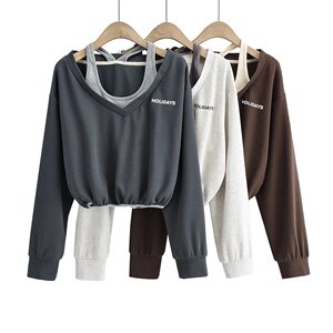 纯欲风撞色叠穿假两件卫衣春秋挂脖宽松毛圈运动休闲外套上衣女潮