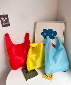 外贸原单糖果色可折叠背心袋购物袋环保袋加厚涤纶纯色手提购物包