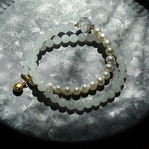 五行补金饰品天然和田白玉手串白色双圈珍珠手链吞金兽原创