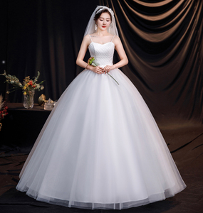 性感v领蕾丝2109齐地吊带婚纱平肩影楼大码公主绑带白纱显瘦韩版