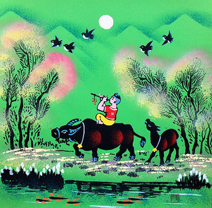 牧歌酒店饭店农村牧童骑牛牧牛牧笛张青义户县农民画尺寸25x25cm