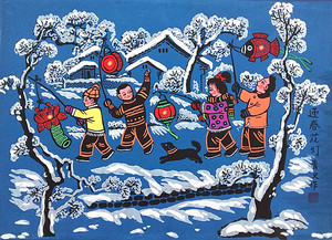 迎春花灯春节农村过年民俗儿童打灯笼陕西户县农民画尺寸52x38cm