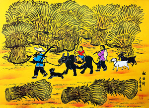 秋田行牧童骑牛羊农村谷子酒店饭店张青义户县农民画尺寸52x38cm