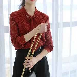 全新,土橘色蕾丝拼接雪纺飘带蝴蝶结衬衫颜色分类:土橘色,尺码