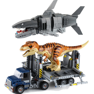 益智拼装恐龙运输拖车卡车积木巨齿鲨鱼儿童玩具乐高霸王龙暴龙