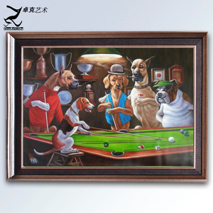 手绘名狗叼着烟聚会打台球装饰画 新现代客厅横版书房狗打球油画