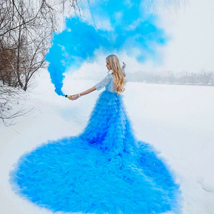 新款蓝色网纱超大摆拖尾礼服裙半身蛋糕裙影楼拍摄主持宴会裙