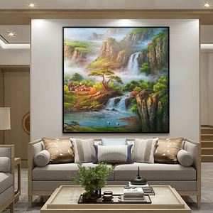 新中式纯手绘风水聚宝盆山水风景油画方形玄关客厅餐厅装饰画挂画