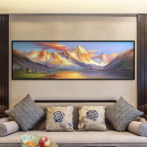 纯手绘日照金山油画客厅沙发背景墙装饰新中式山水风景横版壁挂画